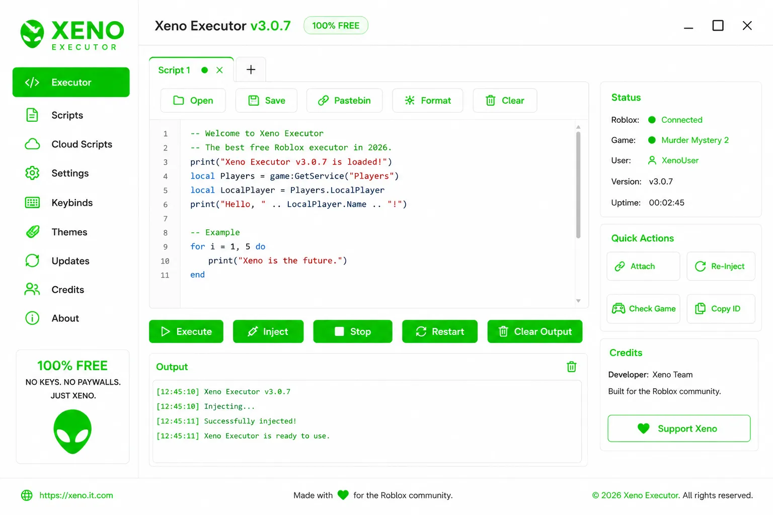 Xeno Executor v3.0.7 full interface with multi-tab script editor, live output panel, Quick Actions sidebar, and Roblox connection status