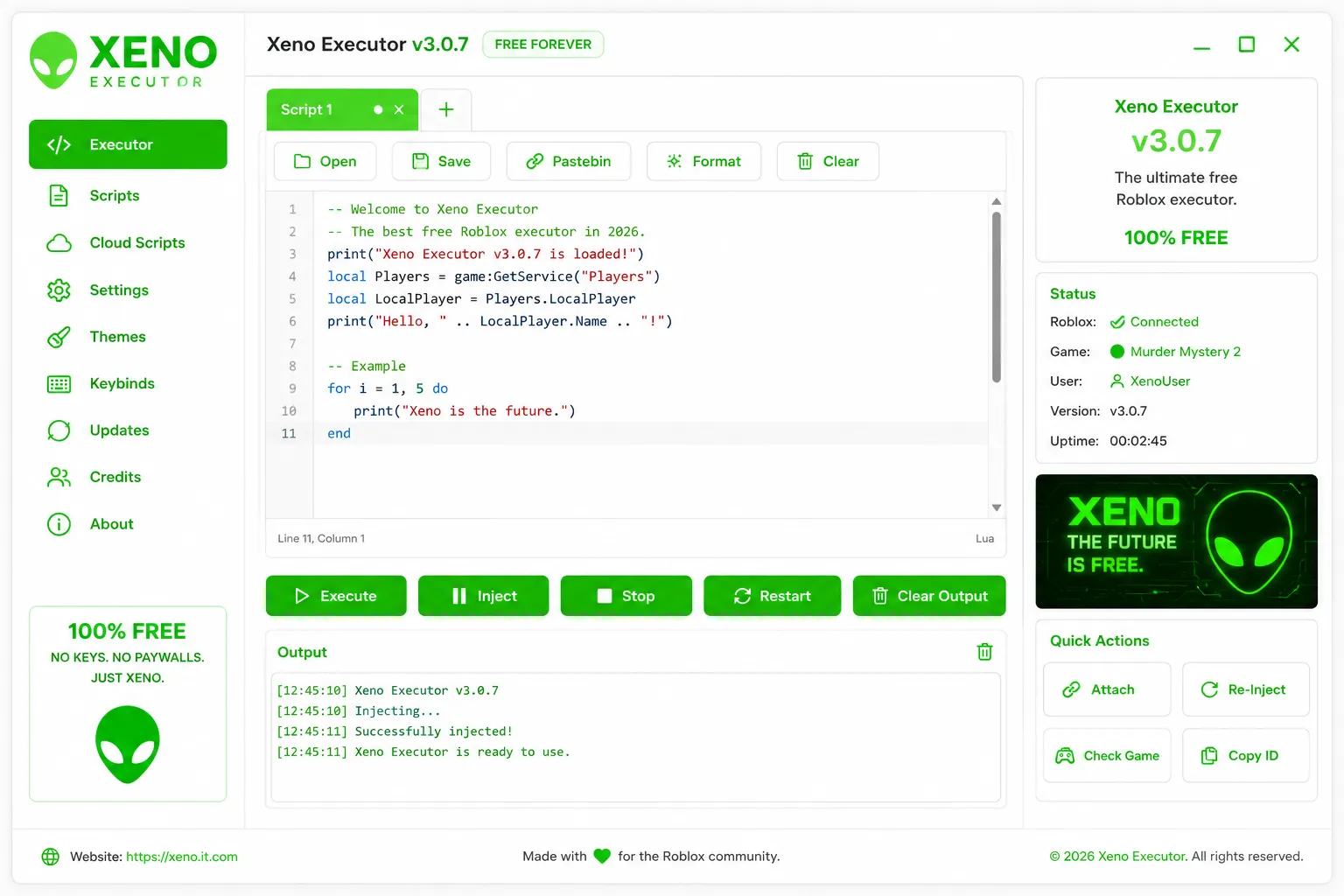Xeno Executor v3.0.7 interface — script editor with syntax highlighting, inject button, and live status panel
